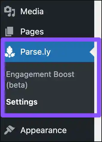 Access Parse.ly settings from the WordPress Admin dashboard.