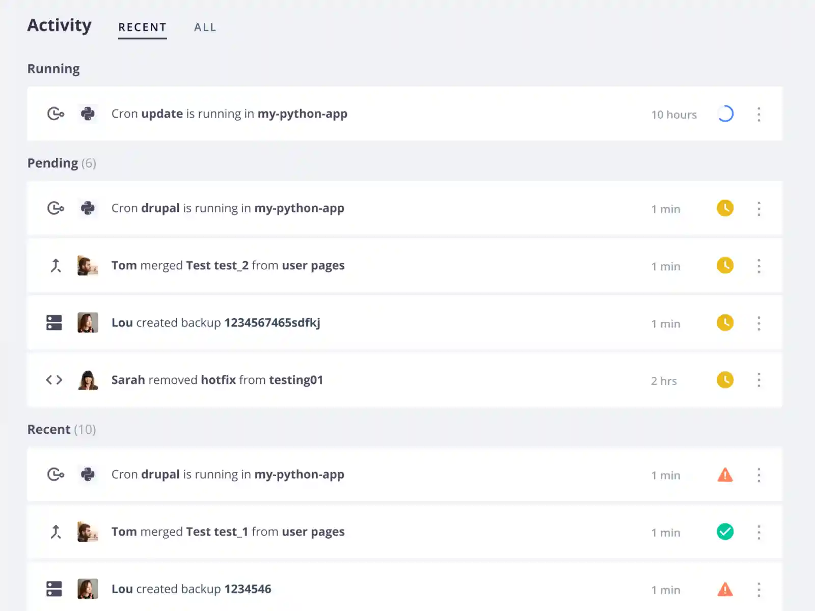 An activity feed within an environment