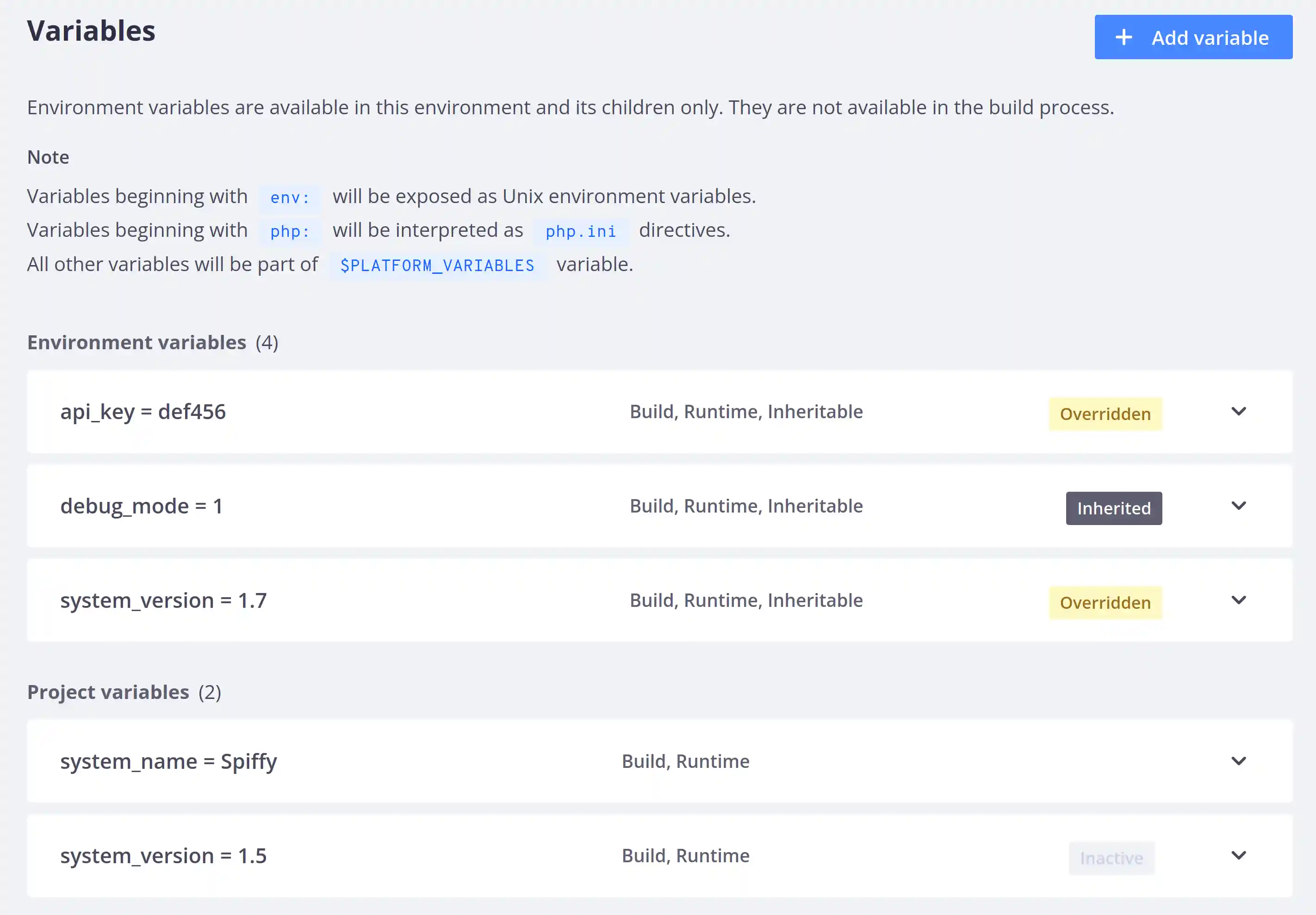The Console showing the variables split into environment and project ones, with the environment variables api_key and system_version labeled as overridden and debug_mode as inherited the project variable system_version labeled as inactive.