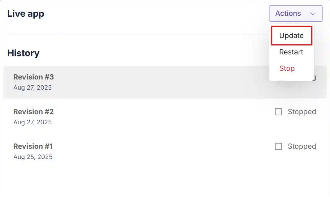 Actions dropdown menu with the Update option highlighted