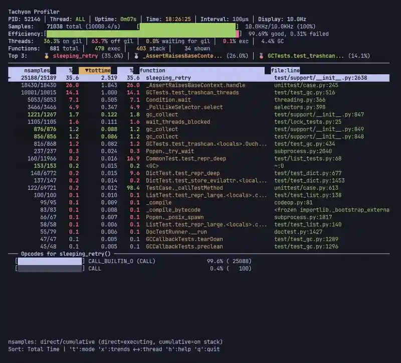 Tachyon live mode with opcode panel