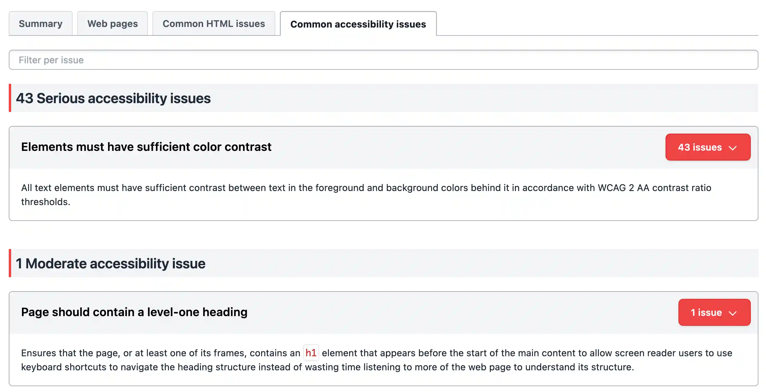 Accessibility issues tab