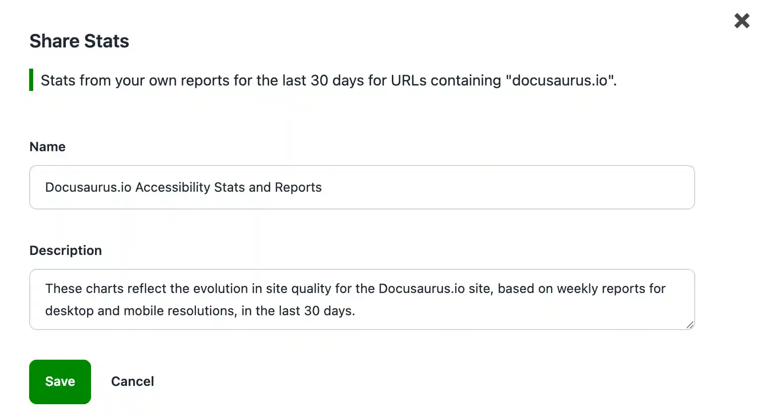 Stat View modal window with form for name and description