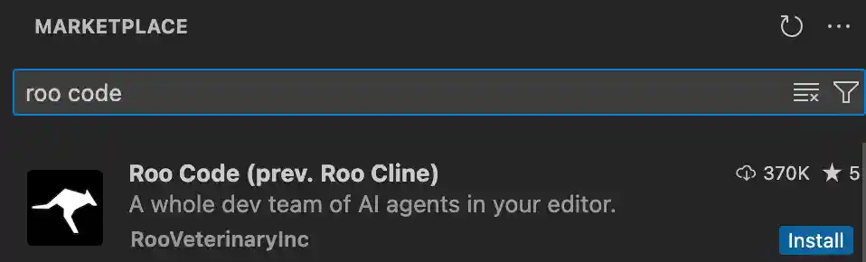 VS Code marketplace with Roo Code extension ready to install
