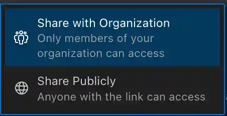Share options showing Organization and Public visibility choices