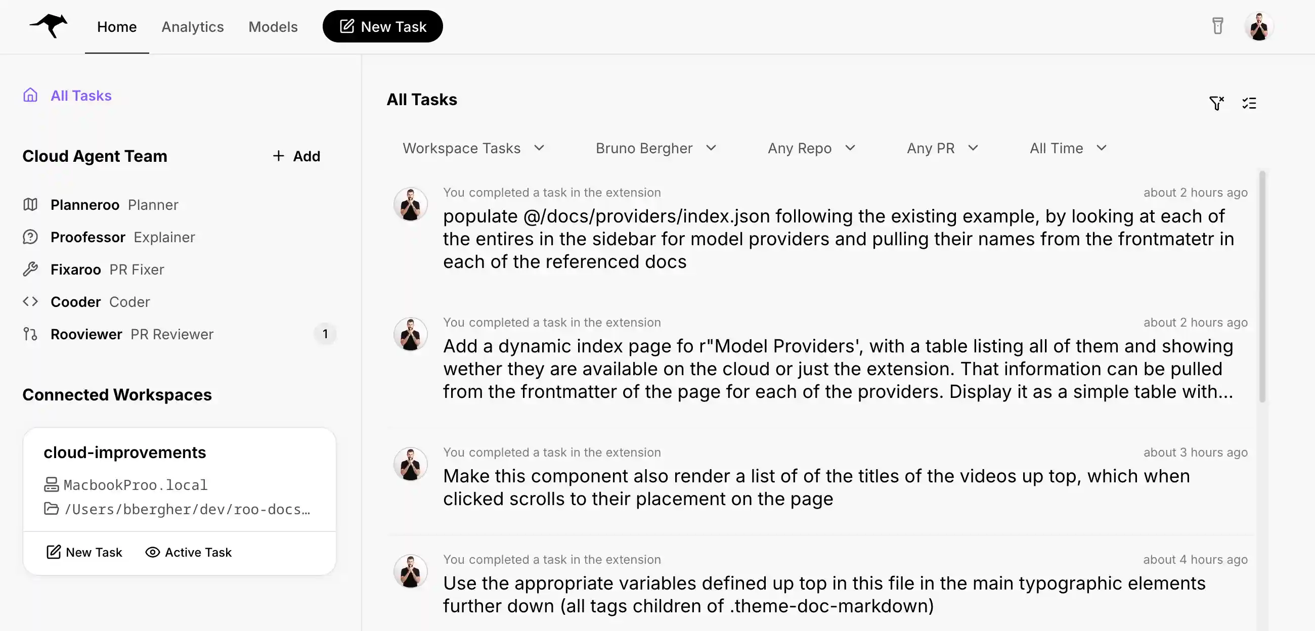 Roo Code Cloud home showing workspaces and tasks
