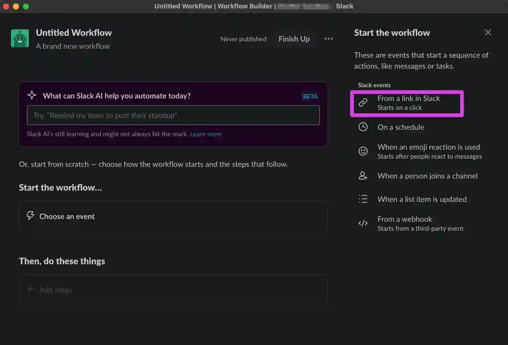 Starting a new workflow from a shortcut link