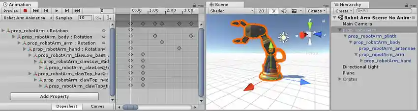 Animation view displays the animated properties of the selected GameObject.