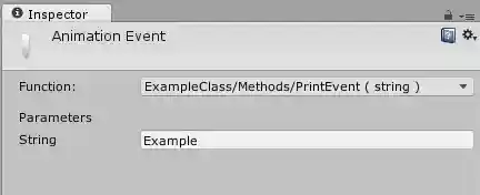 The Inspector window with an Animation Event selected. The PrintEvent method is selected from ExampleClass.