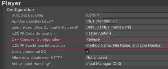 The IL2CPP Stacktrace Information property, set to Method Name, File Name, and Line Number