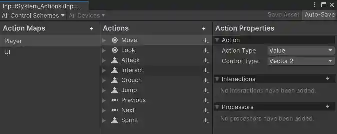 The Actions Editor window, with some default actions provided by the Input System Package