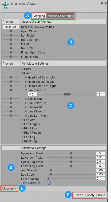 The Muscles & Settings tab in the Avatar window