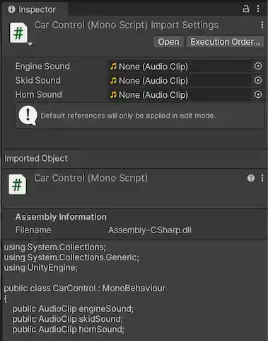 A MonoBehaviour script with three AudioClip fields. The default references for these fields are shown unset.