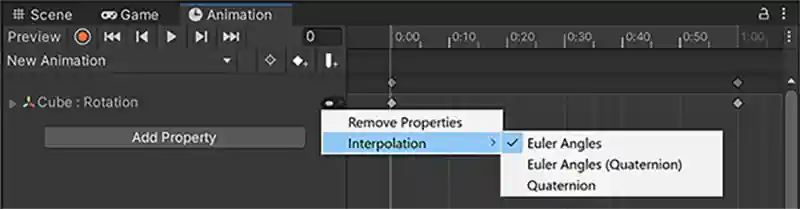 The Animation window, with the interpolation menu expanded to show the rotation interpolation options.