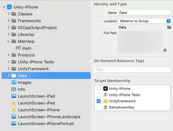 Data folder with the Target Membership set to UnityFramework.