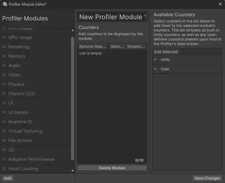 The Profiler Module Editor window, with a new module selected