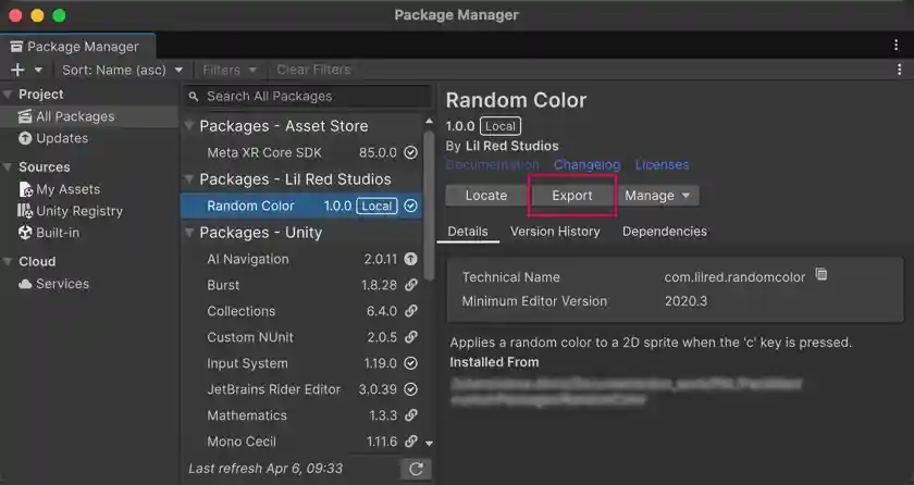 The Package Manager window with the Export button for an editable package