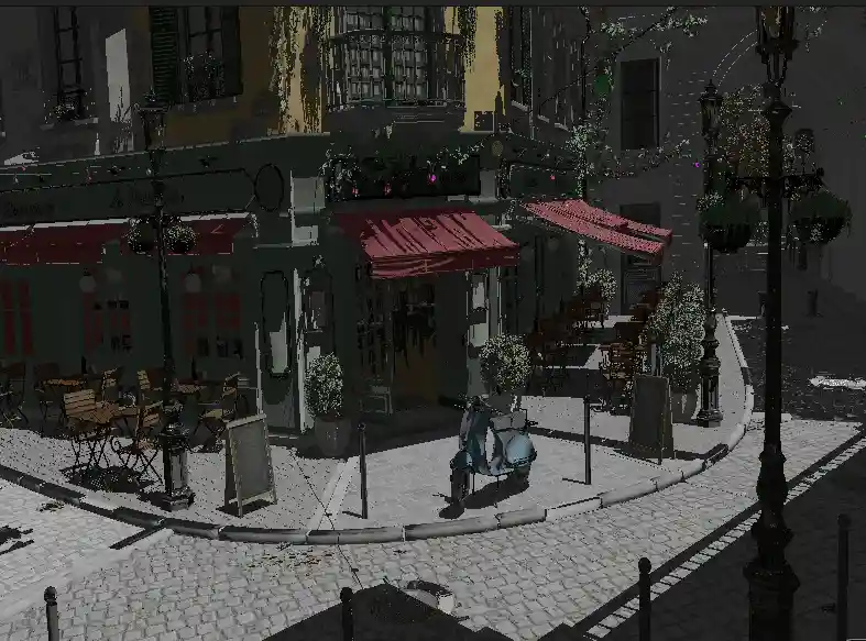 The Bistro scene - a detailed outdoor café environment demonstrating the engine’s rendering capabilities