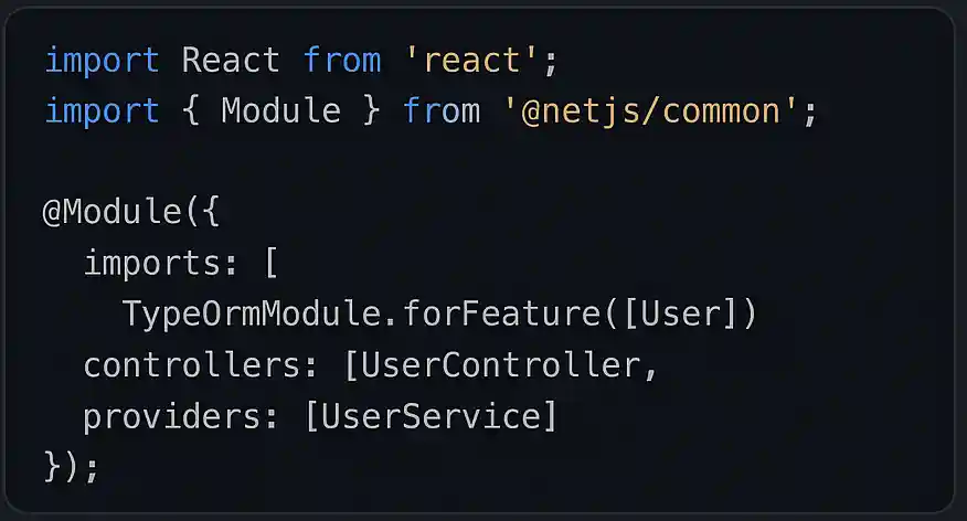 Clean dark code editor screenshot showing JavaScript/TypeScript with React and NestJS code snippets