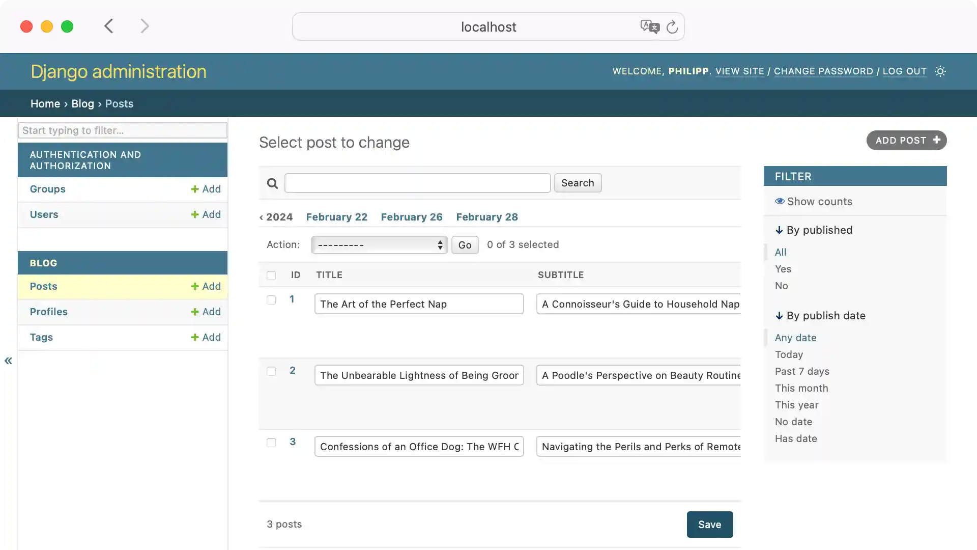 Overview of the blog posts in the Django admin interface