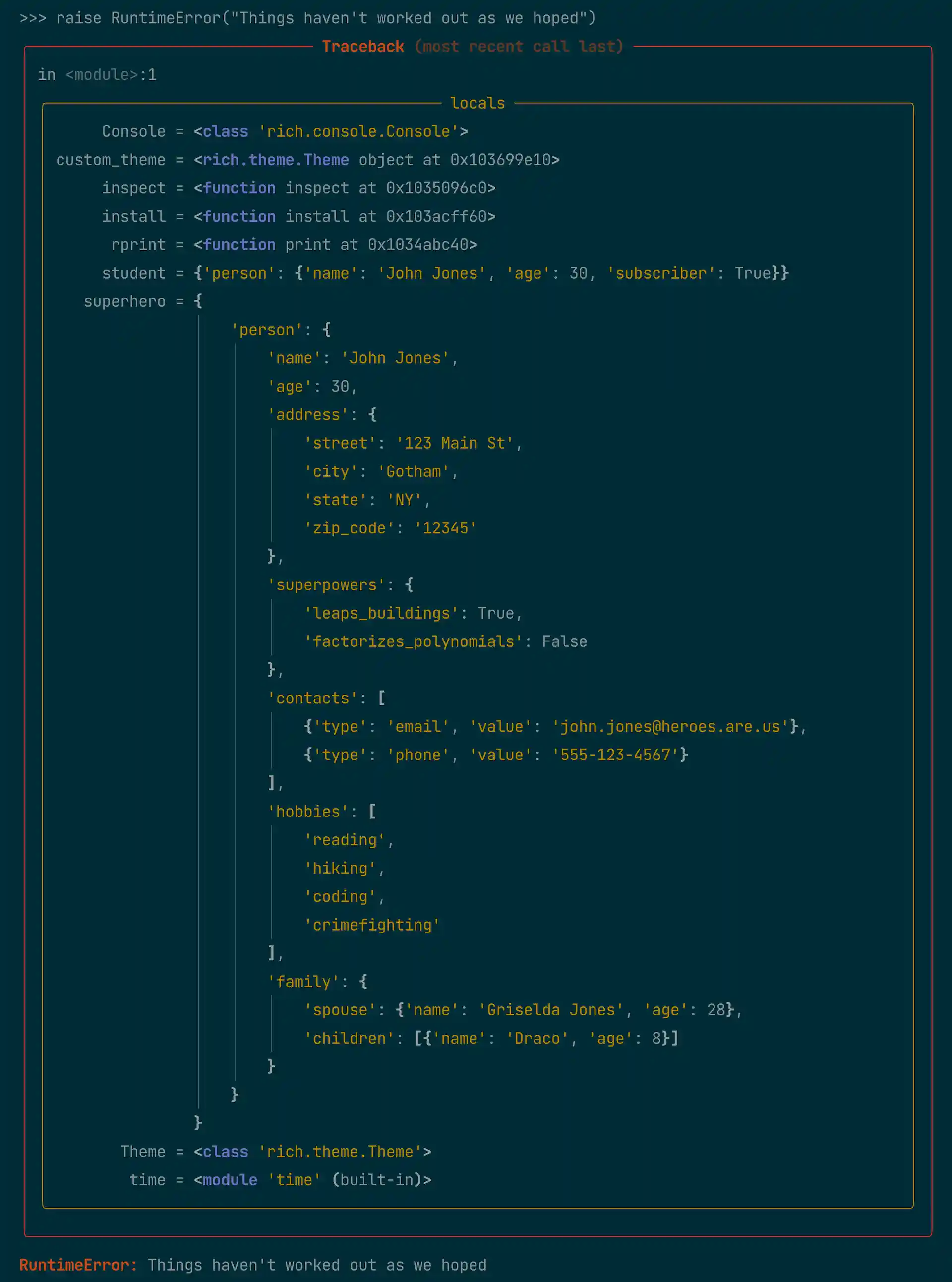 Rich Console Log With Stacktrace and Local Variables