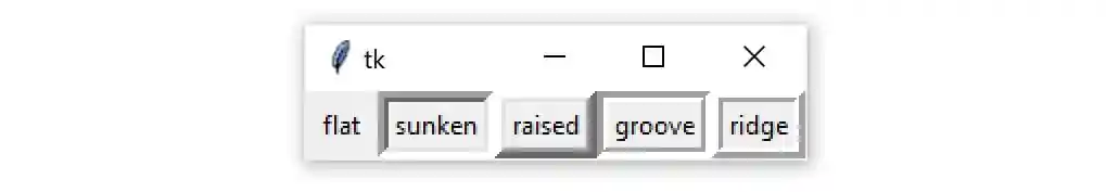 A Tkinter window containing 5 Frame widgets, each with one of the five relief values: tk.FLAT, tk.SUNKET, tk.RAISED, tk.GROOVE, and tk.RIDGE