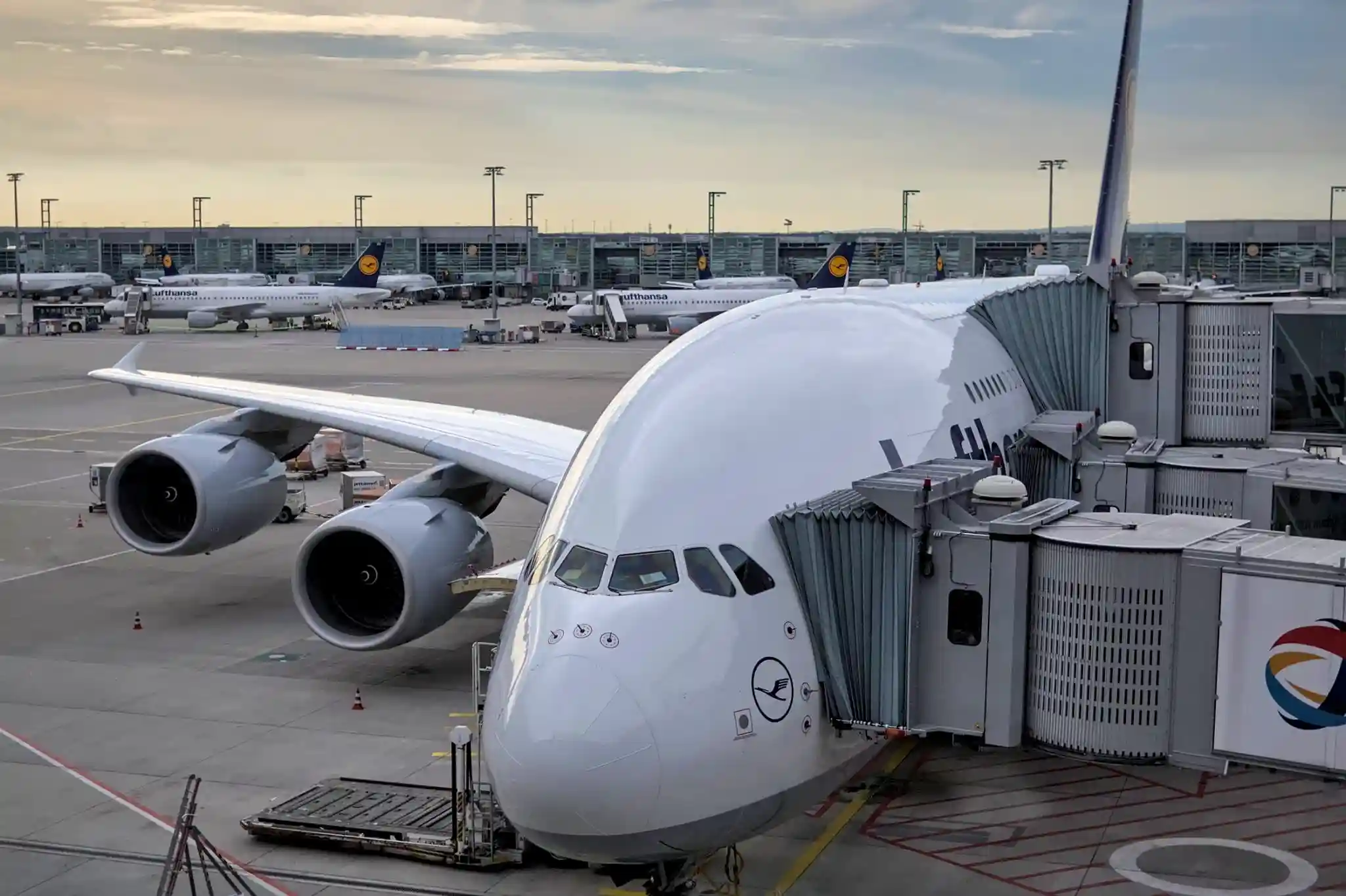 Passenger Boarding Bridges Hooked Up to an Airbus A380 at Frankfurt Airport