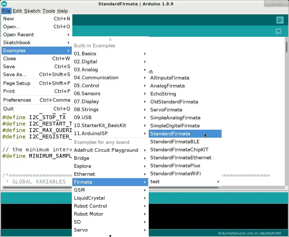 Firmata example sketch on Arduino IDE