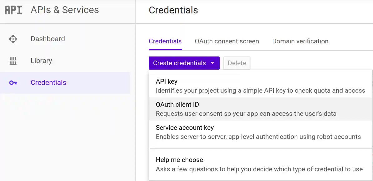 Google create credentials screen shot
