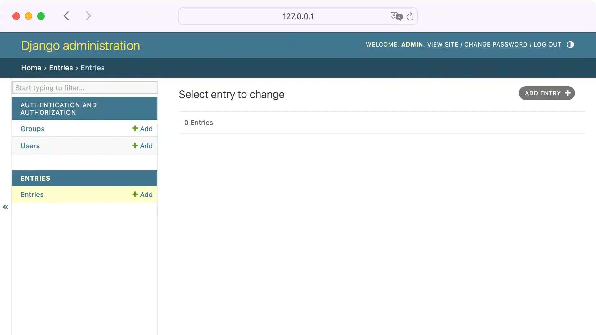 Django admin site without entries