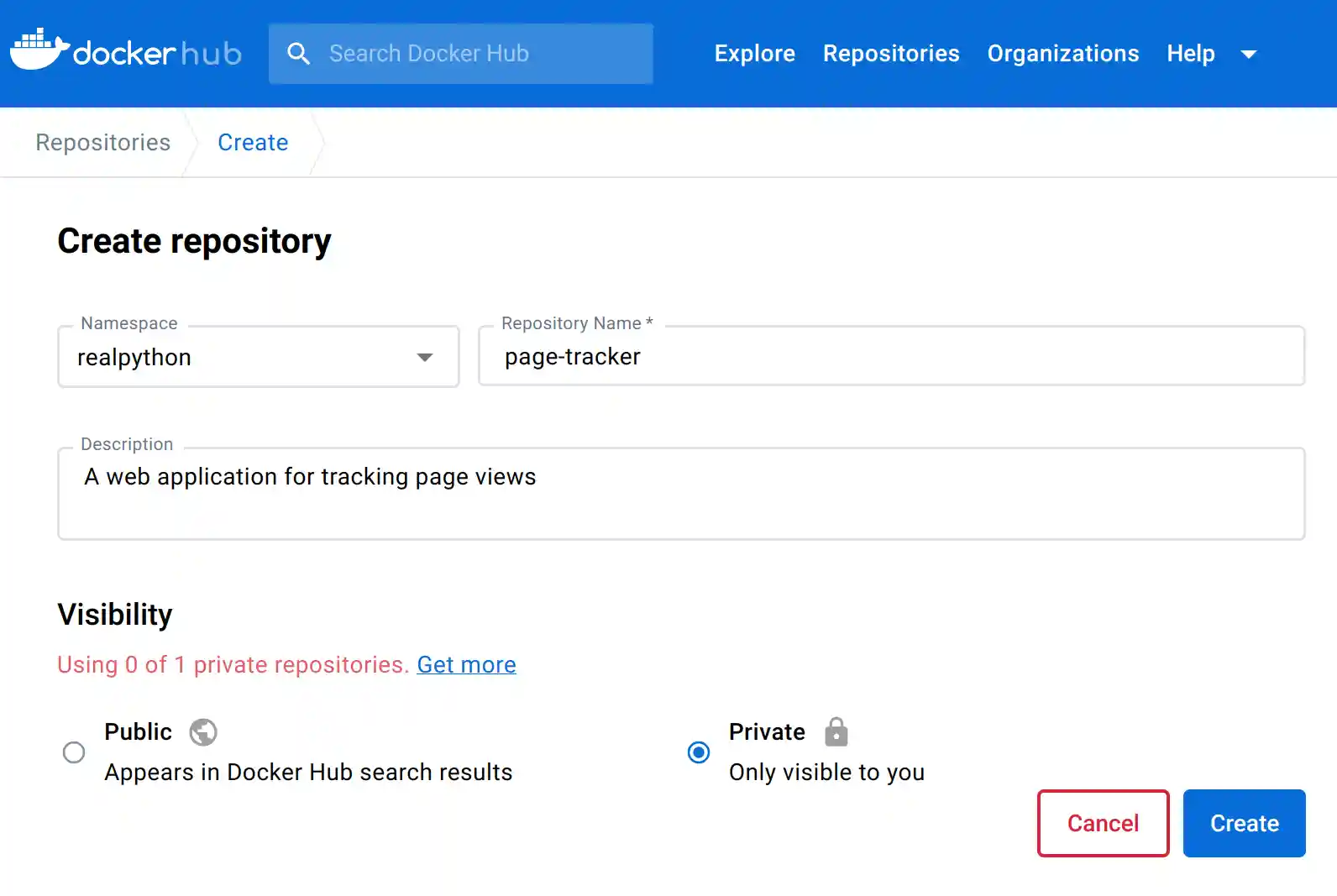 Docker Hub Create Repository Form