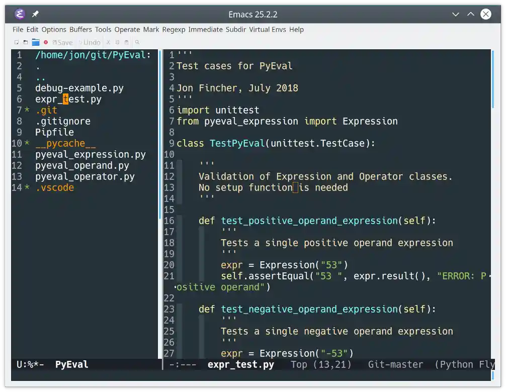 Split window view for PyEval under Emacs