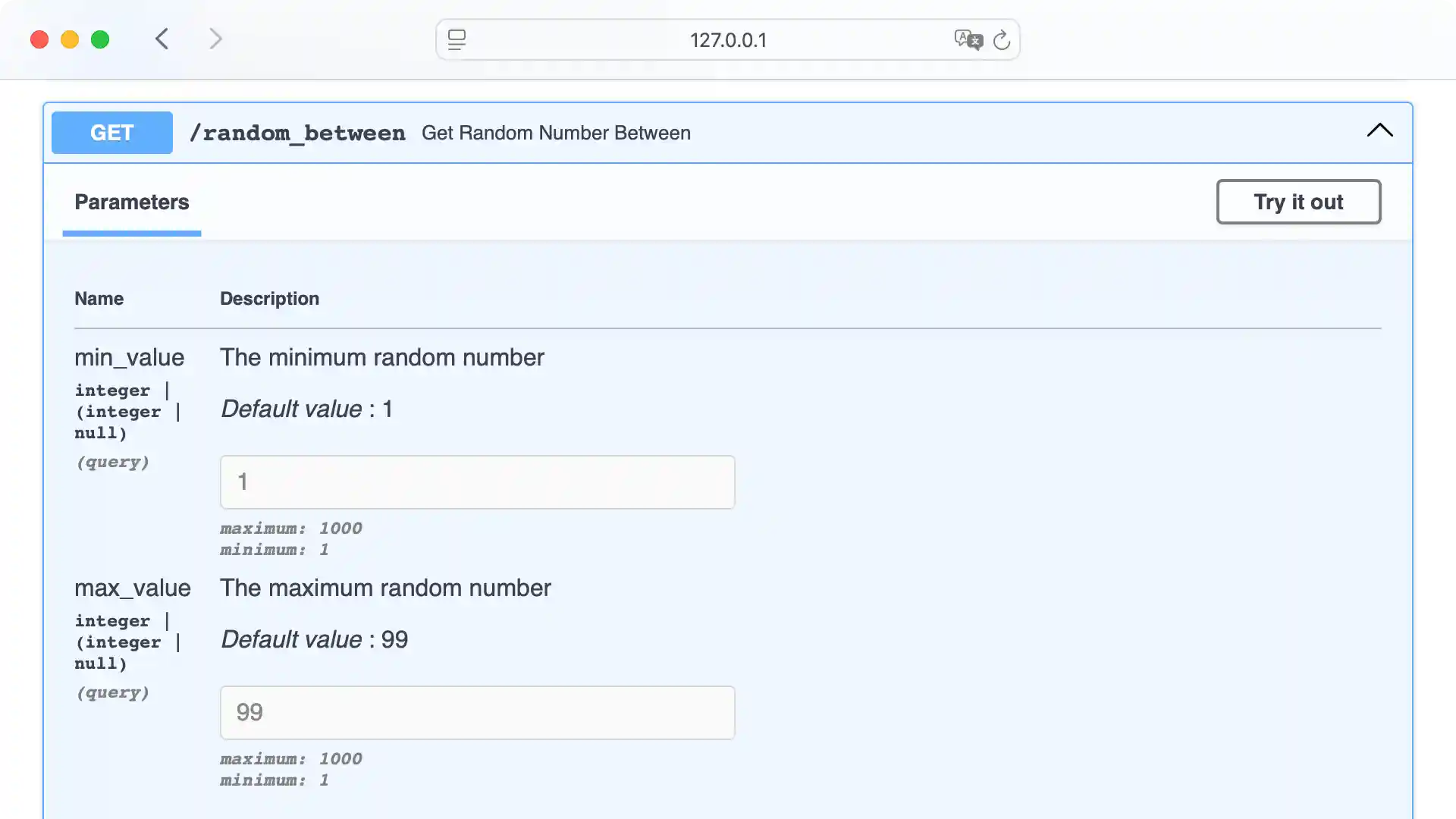 API constraints shown in the Swagger UI