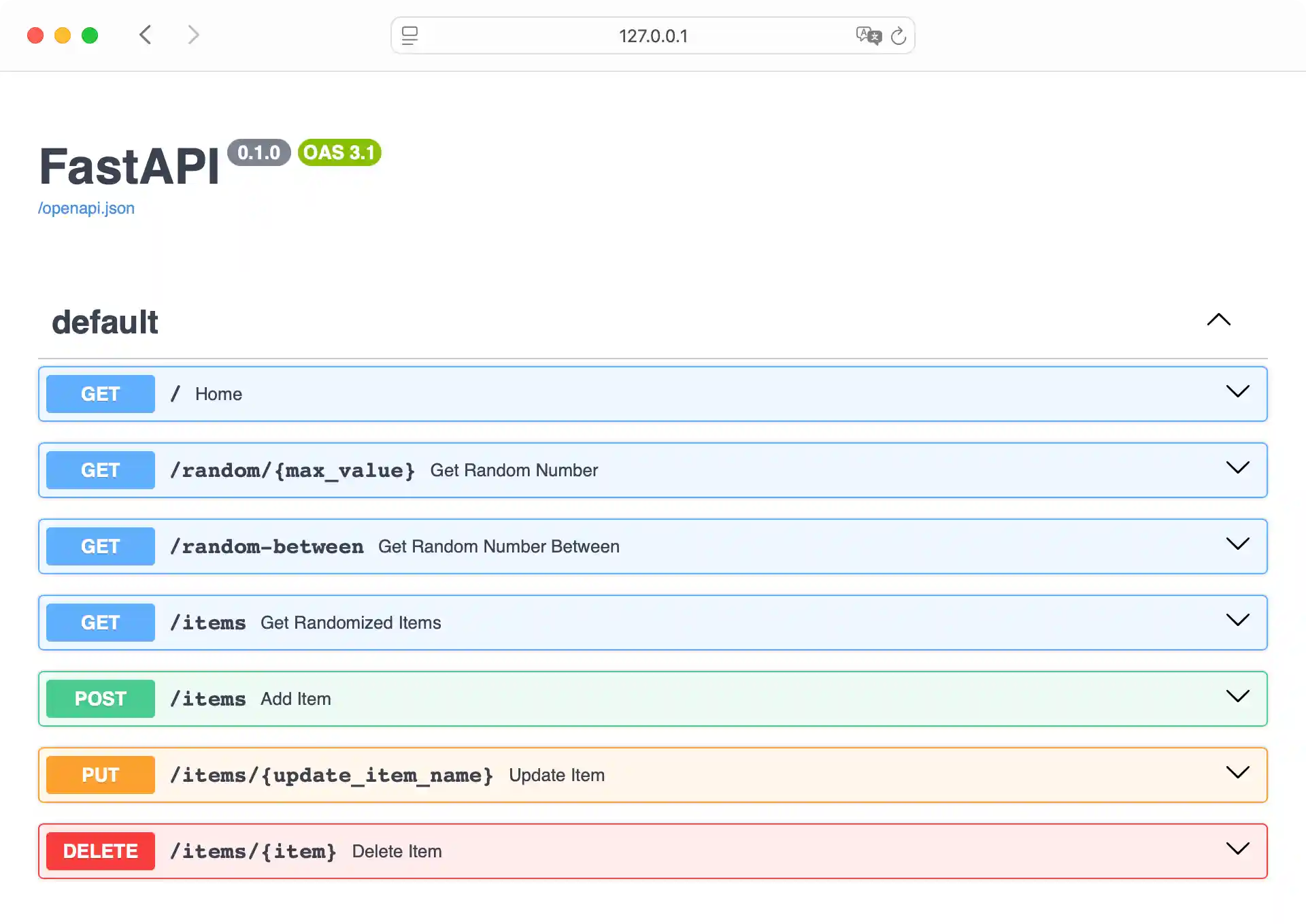 Default Swagger UI view of an API