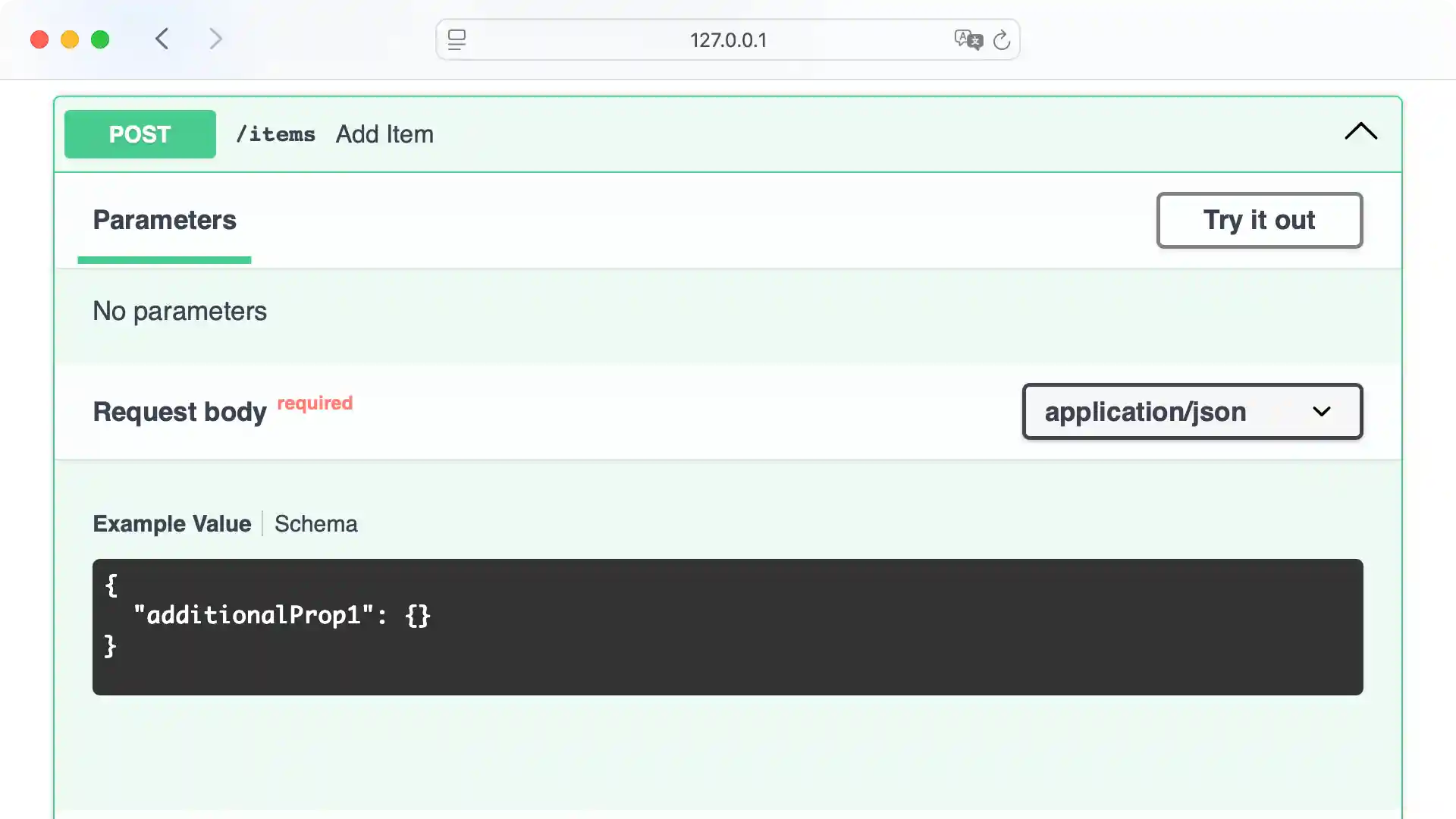 FastAPI Swagger Documentation showing an ambiguous schema
