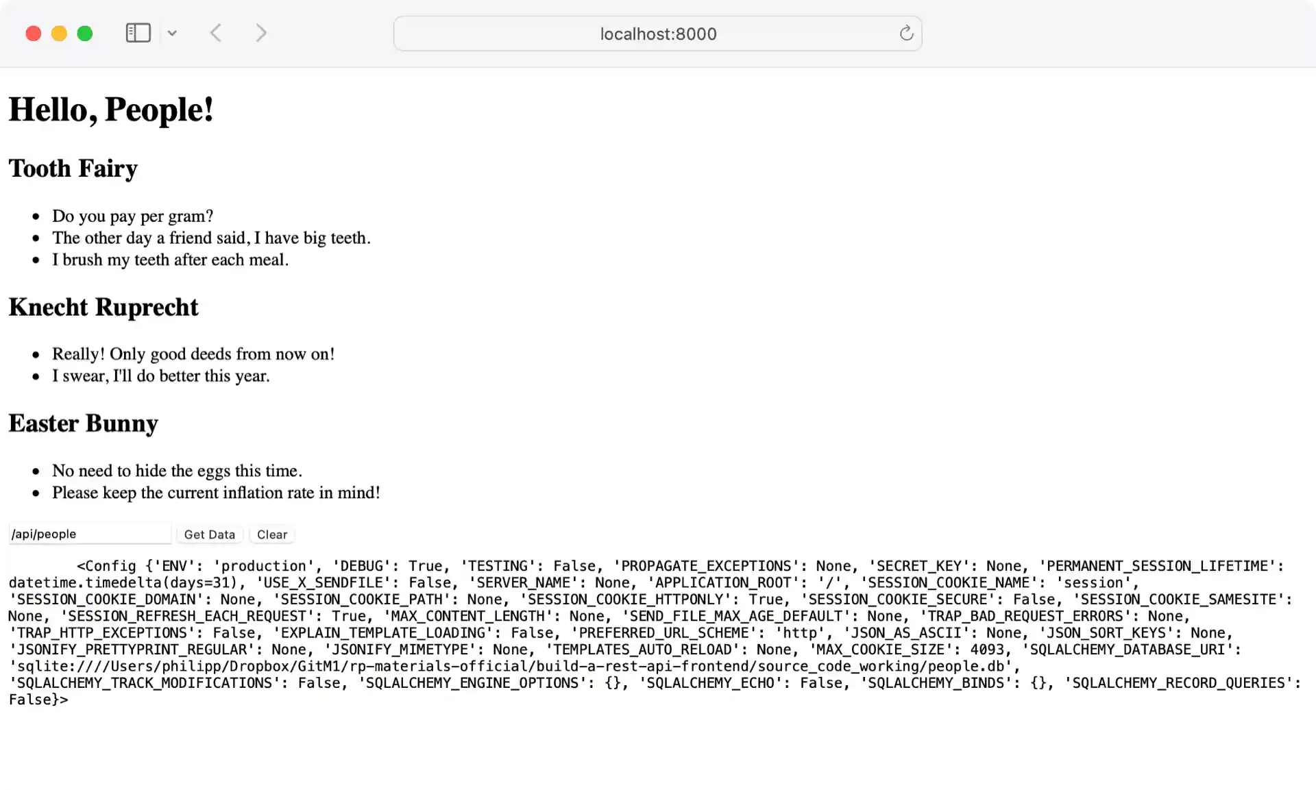Screenshot of Flask website with debug information