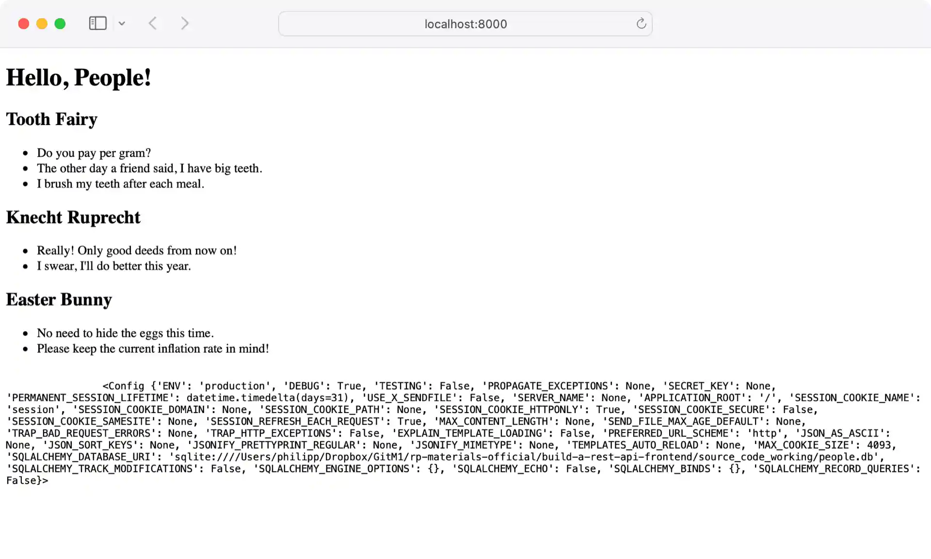 Screenshot of Flask website with debug information