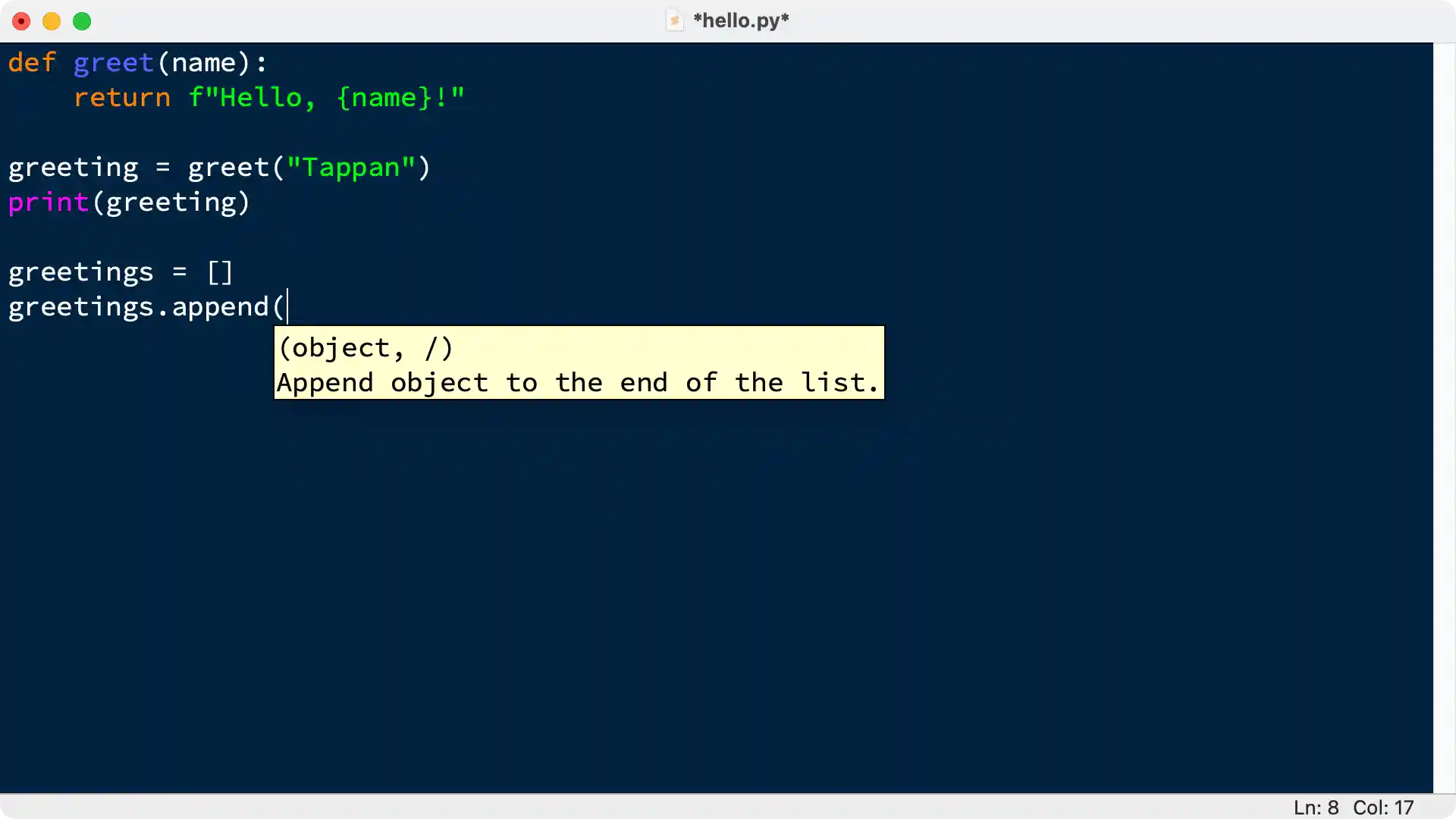 displays a simple call tip for the append method with a python list