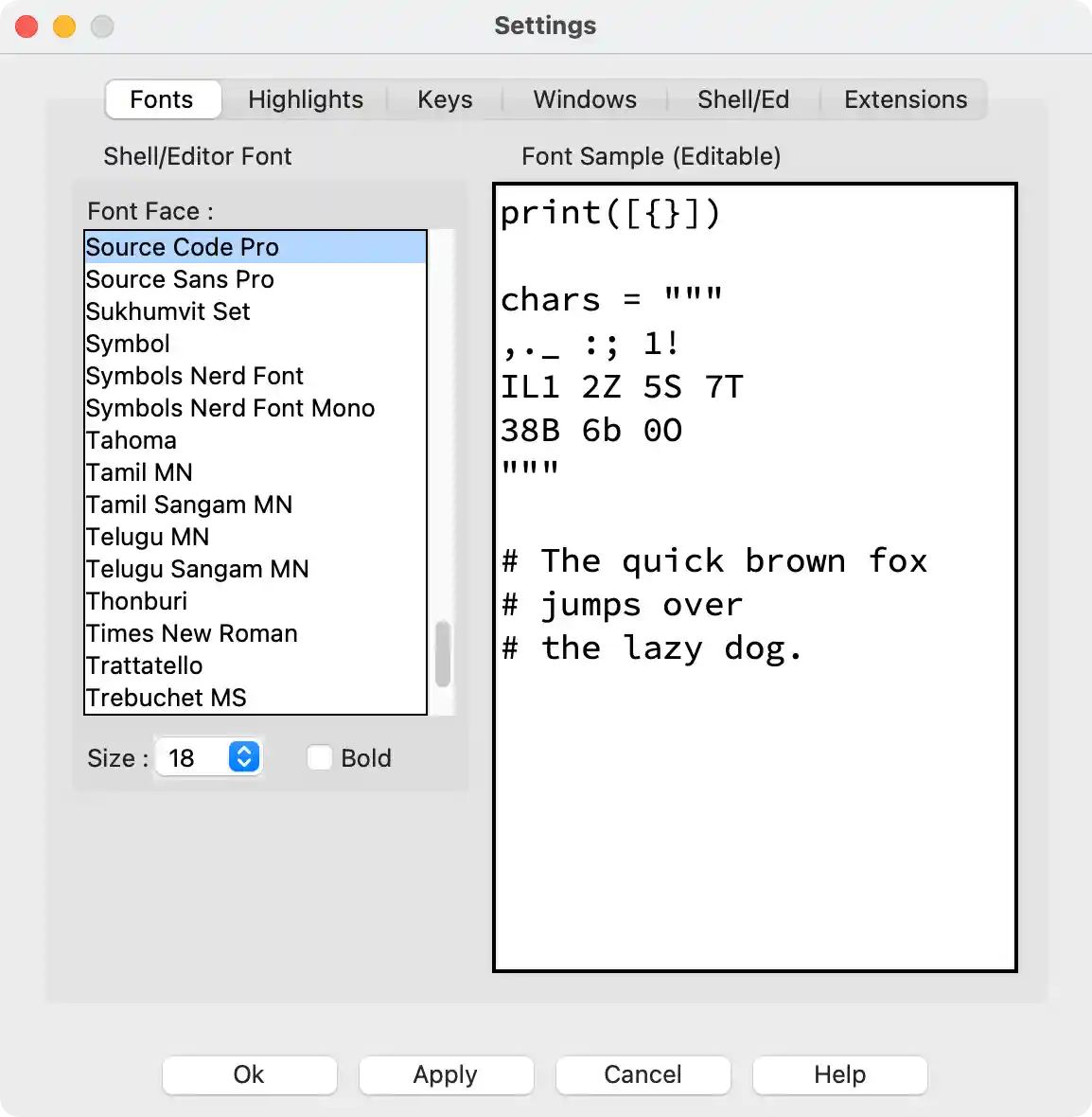 the font settings window of the idle customization pane