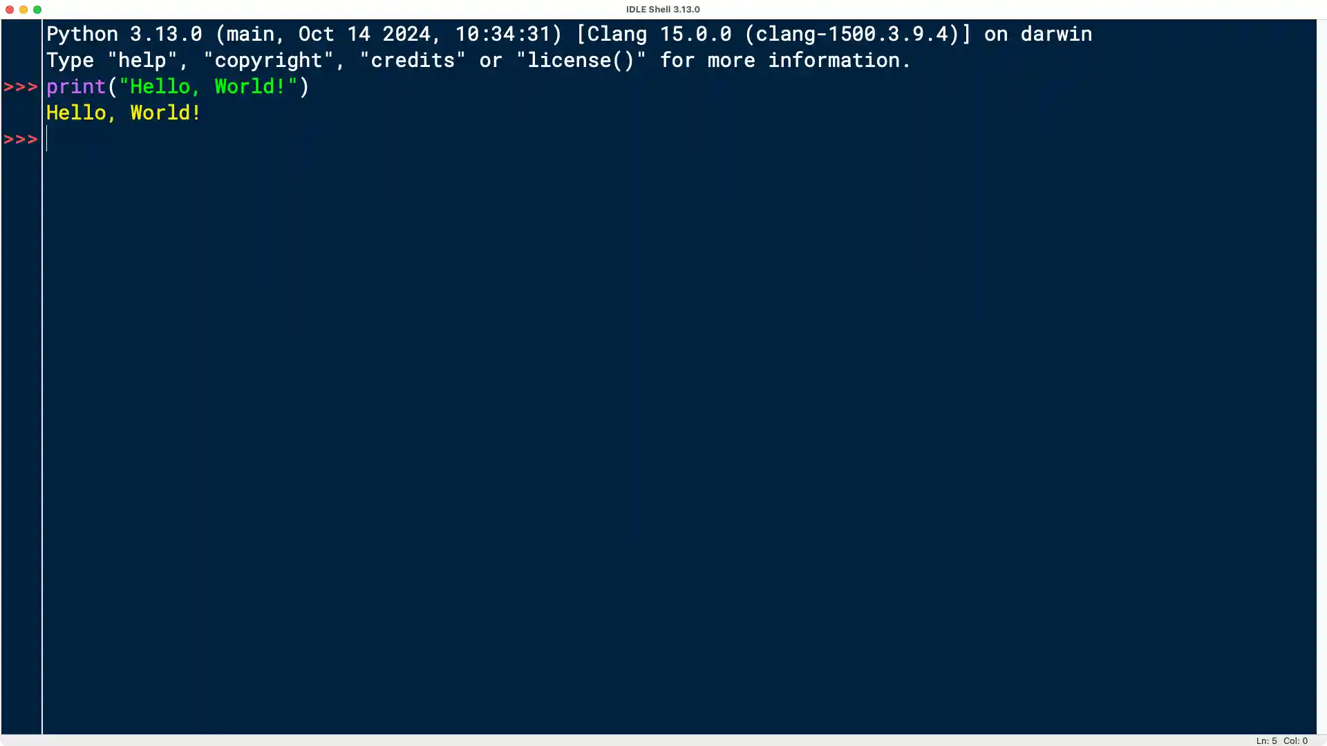 IDLE interactive window showing the code for printing "Hello, World!"