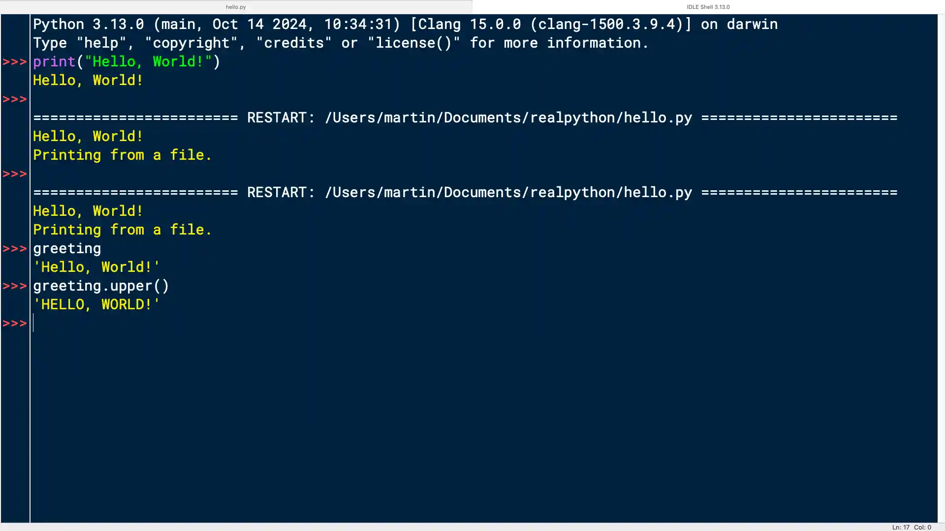IDLE's interactive window showing program output and further REPL interactions
