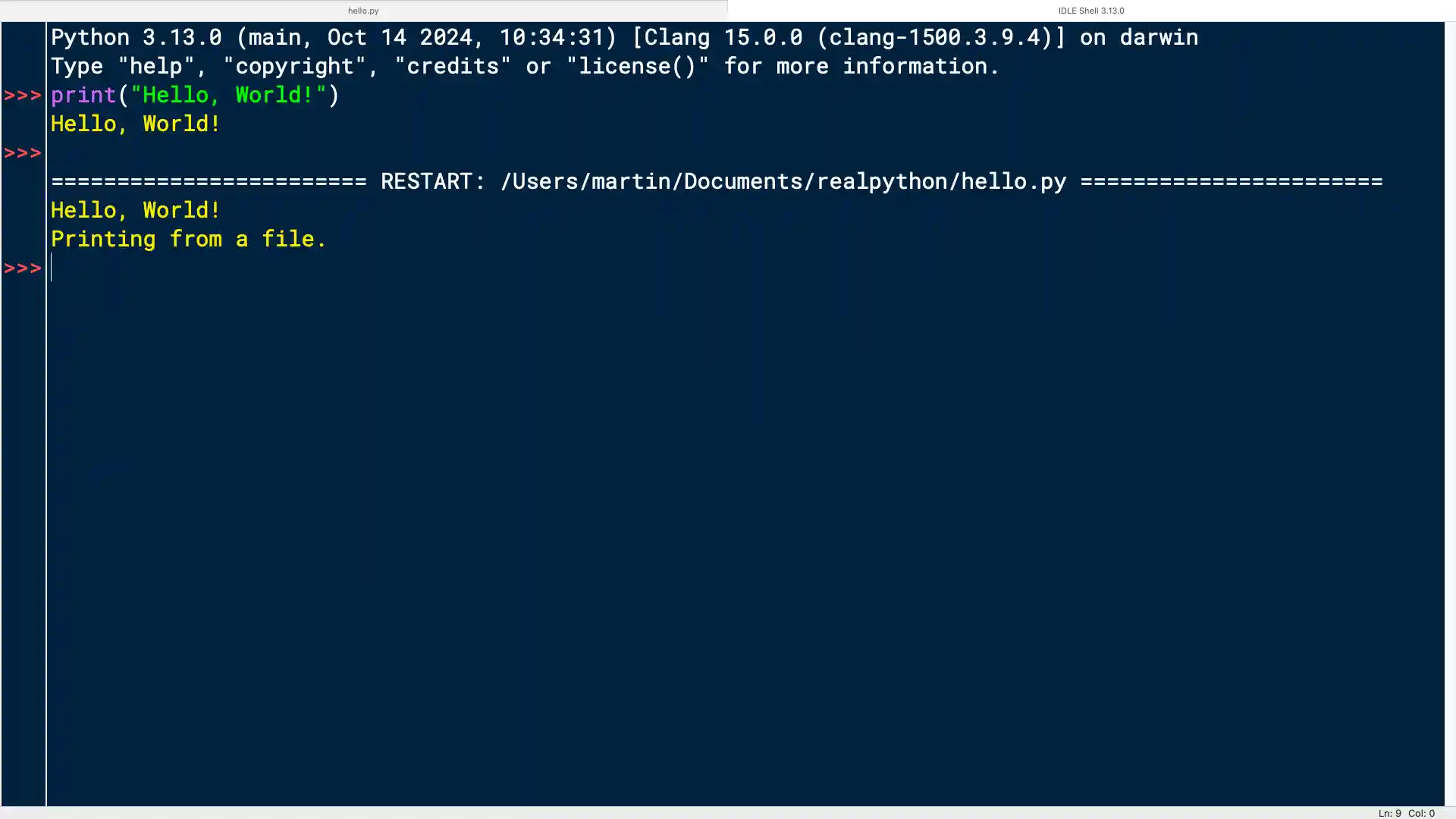 IDLE's interactive window showing the output of running a hello world script