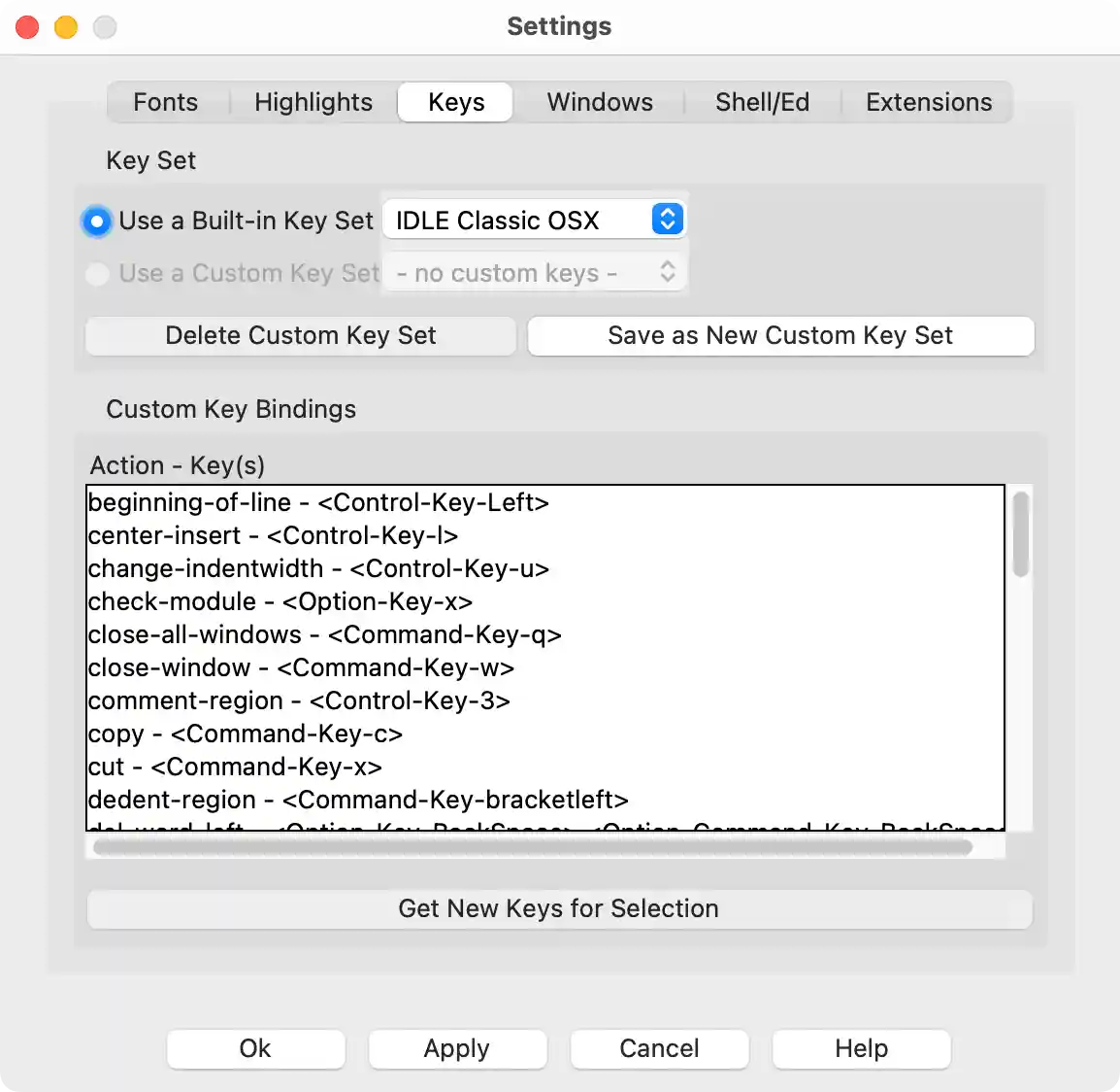 python idle settings keyboard shortcut customization pane