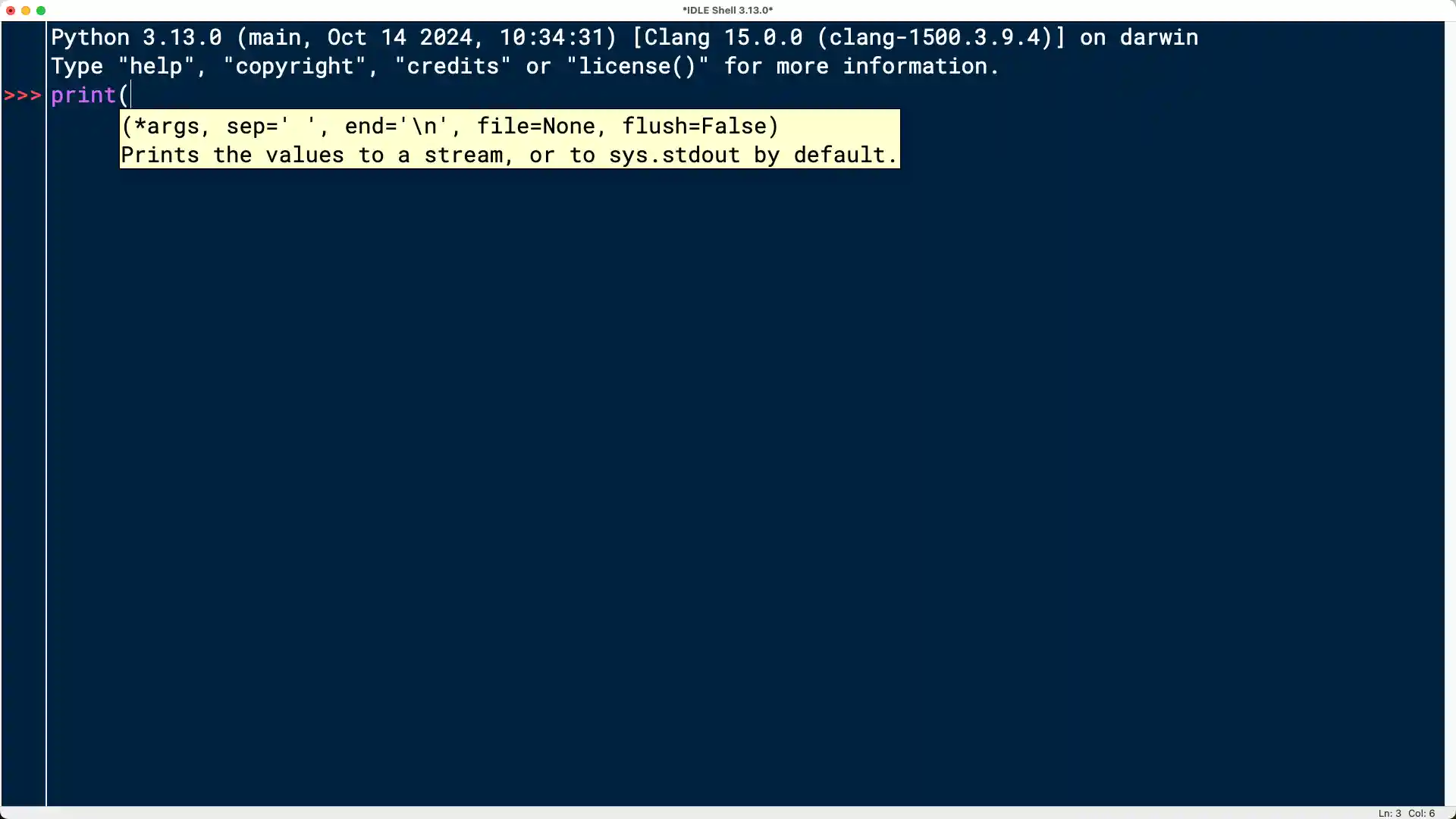 IDLE interactive window displaying a tooltip of the print() function