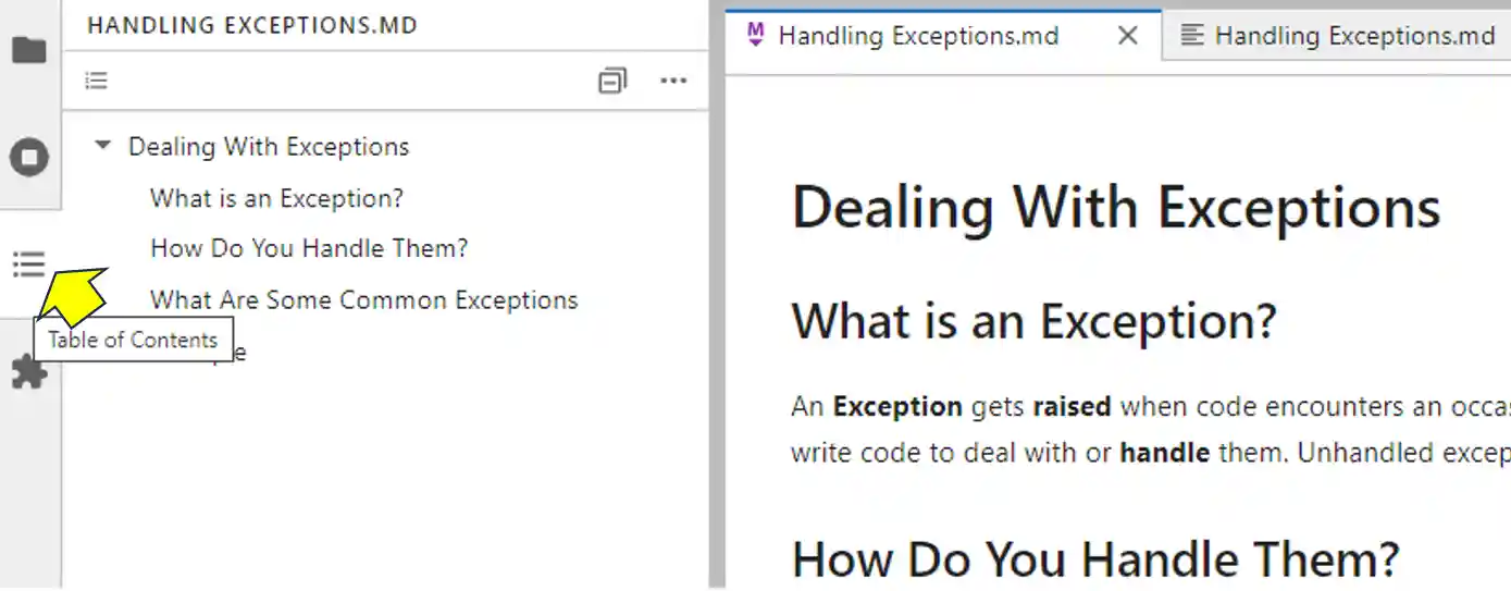 a table of contents for a markdown file