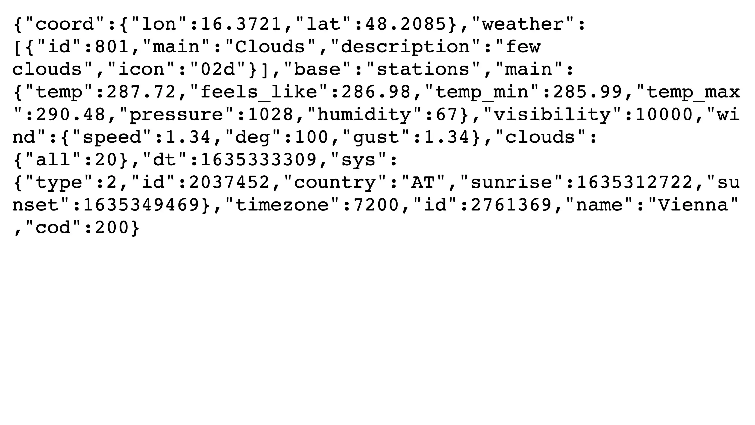 Unformatted JSON API response from the OpenWeather Weather API