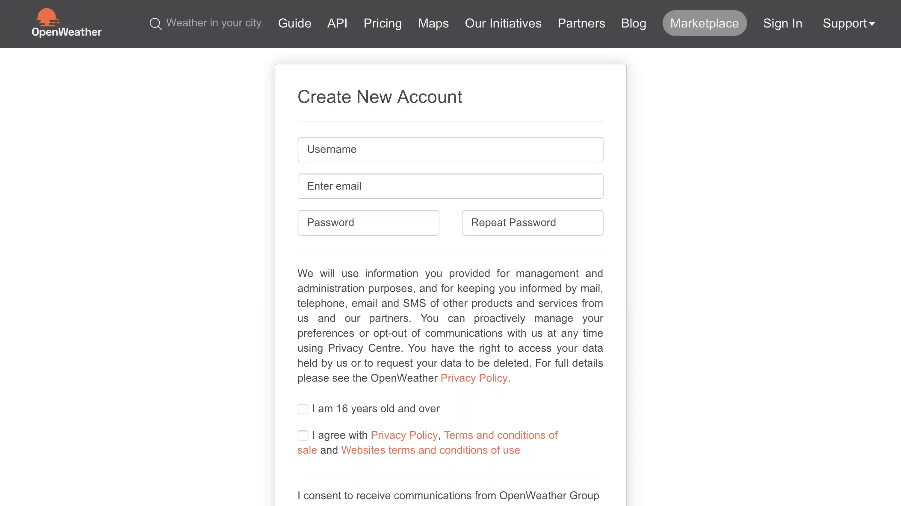 Sign up page for an OpenWeather account