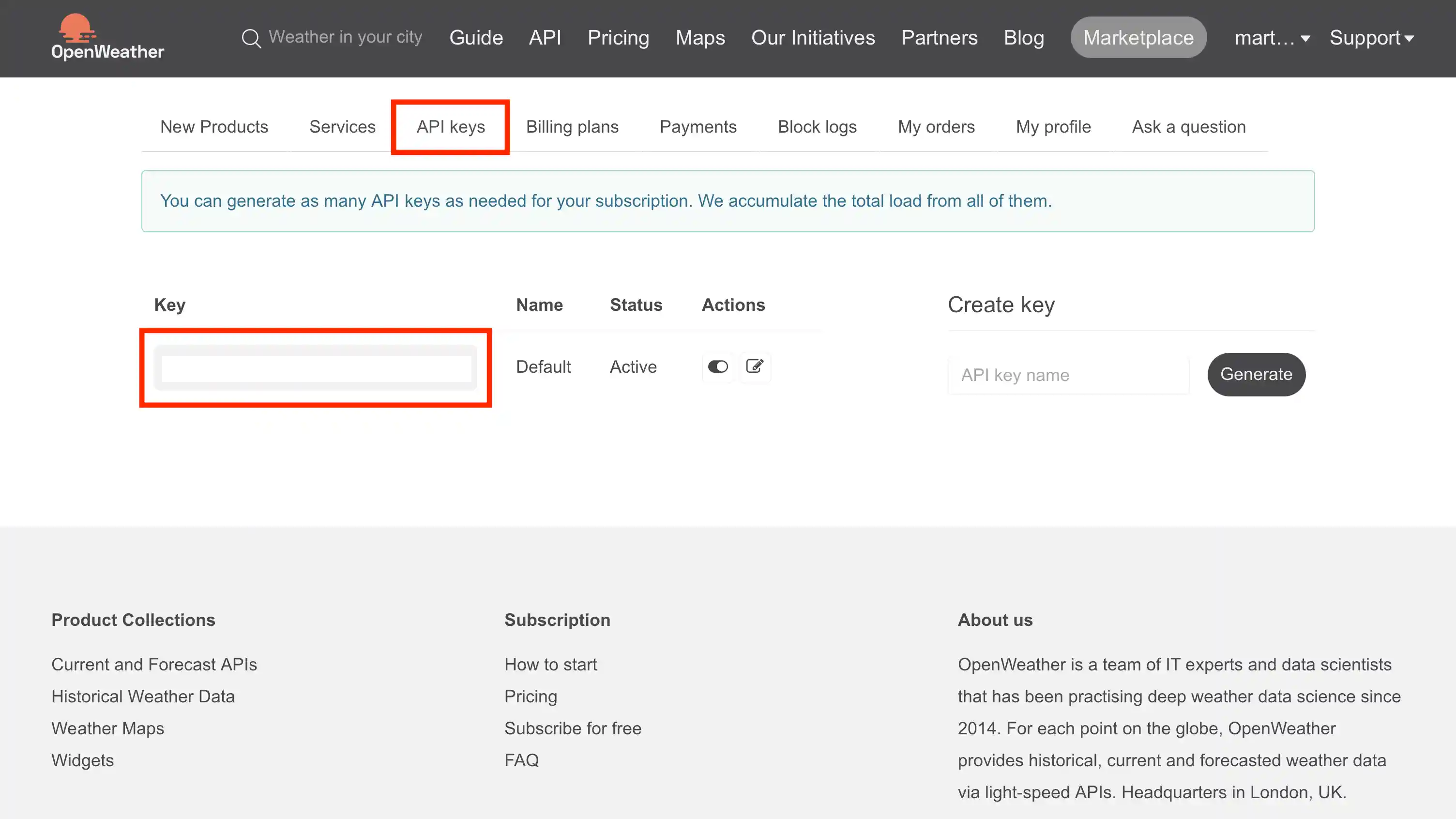 A page displaying the location of a personal API key for OpenWeather's Weather API
