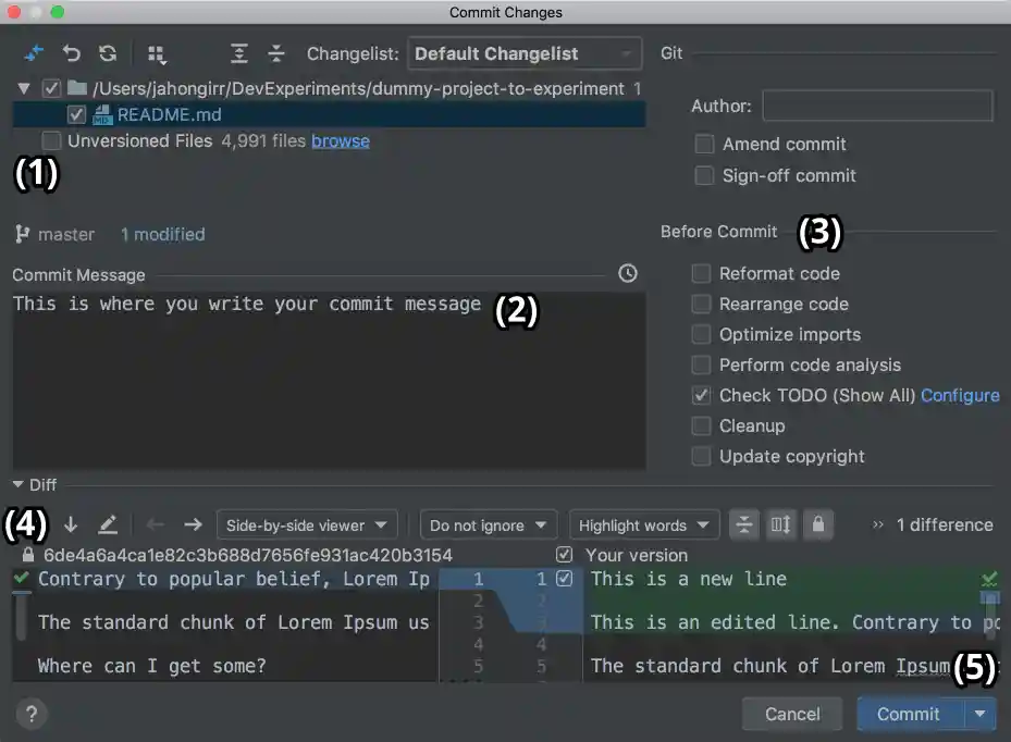 Commit window in PyCharm