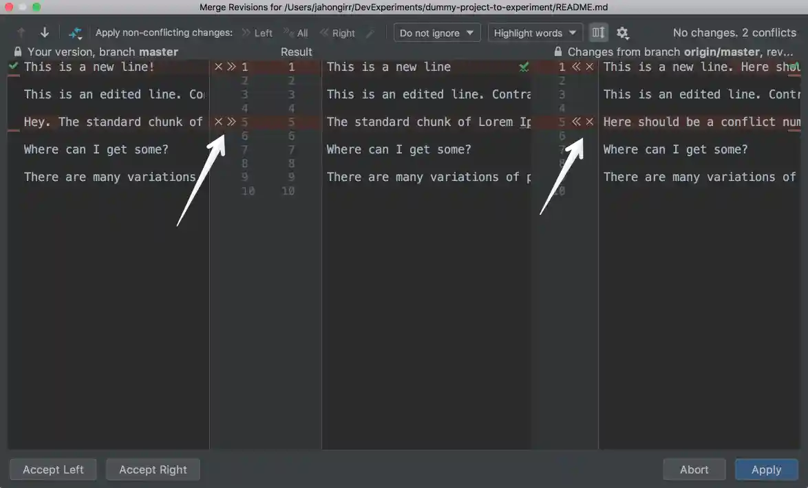 Conflict resolving windown in PyCharm